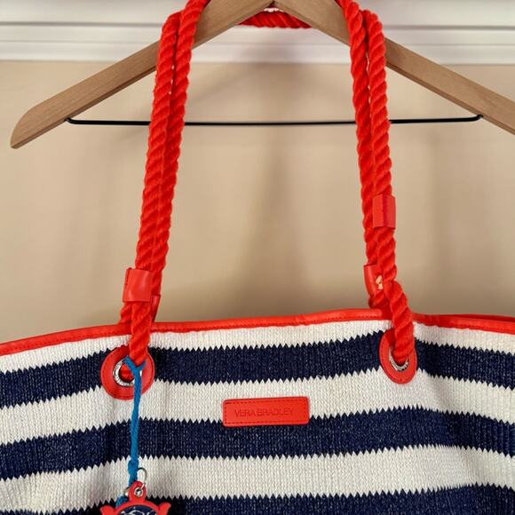 Vera Bradley Navy and White Stripe Large Tote Bag with Turtle Charm / Keychain - Picture 5 of 12